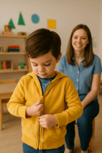 Child demonstrating independence in daily preschool routines