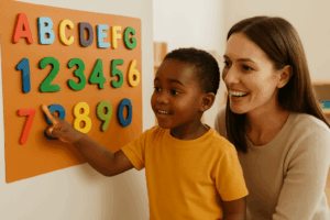 Preschool child learning letters during an interactive lesson.