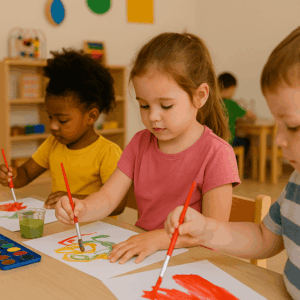 Children joyfully participating in creative learning experiences.
